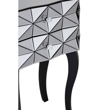 Silver Smoked 3D Geometric Glass Front 2-Drawer Bedside Table With Cut Glass Handles & Cabriole Legs, Soho