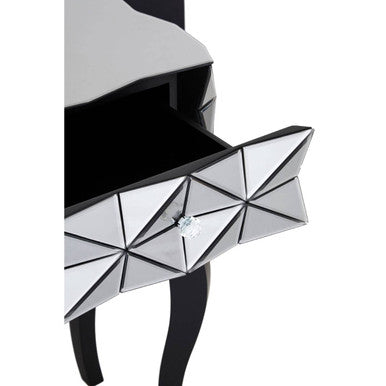Silver Smoked 3D Geometric Glass Front 2-Drawer Bedside Table With Cut Glass Handles & Cabriole Legs, Soho