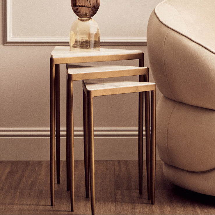 Set Of 3 Triangle White Marble Top Nesting Tripod Tables Gold Legs, Kensington Townhouse