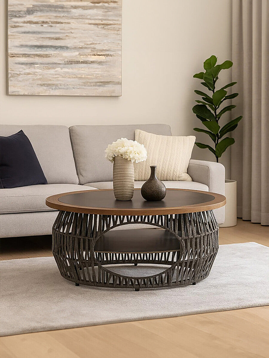 Grey Stone & Natural Wood Top Coffee Table With Rope Base, Opus