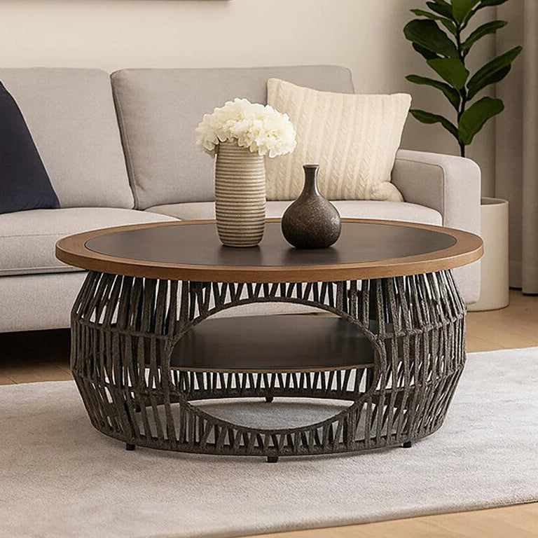 Grey Stone & Natural Wood Top Coffee Table With Rope Base, Opus