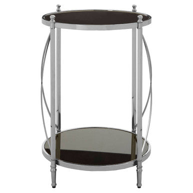 Two Tier Black Mirrored Glass Round Side Table With Silver Metal Frame, Hoffmann
