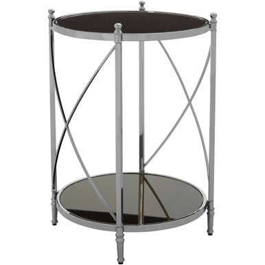 Two Tier Black Mirrored Glass Round Side Table With Silver Metal Frame, Hoffmann