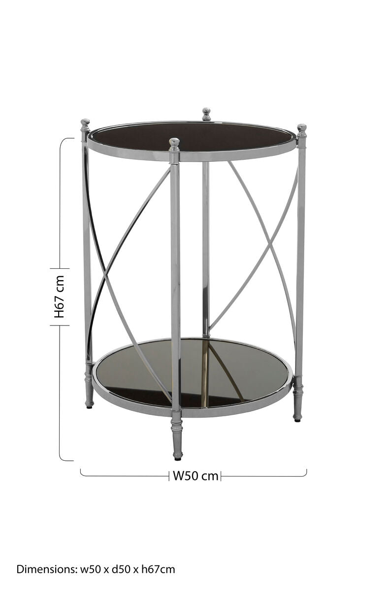 Two Tier Black Mirrored Glass Round Side Table With Silver Metal Frame, Hoffmann
