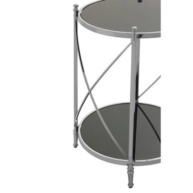 Two Tier Black Mirrored Glass Round Side Table With Silver Metal Frame, Hoffmann
