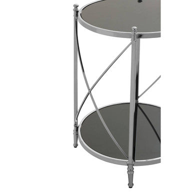 Two Tier Black Mirrored Glass Round Side Table With Silver Metal Frame, Hoffmann