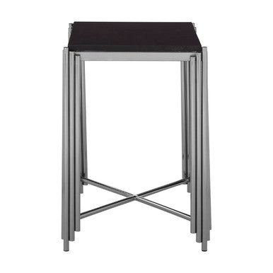 Black Granite Top Art Deco Side Table With Silver X-Shaped Cross, Clarice