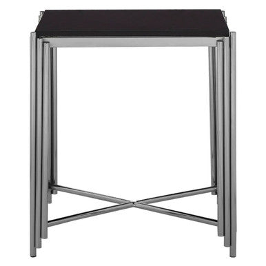 Black Granite Top Art Deco Side Table With Silver X-Shaped Cross, Clarice
