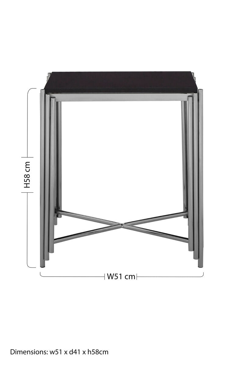 Black Granite Top Art Deco Side Table With Silver X-Shaped Cross, Clarice