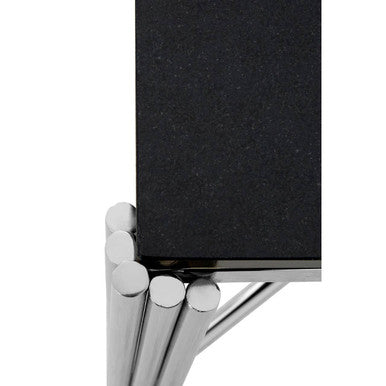 Black Granite Top Art Deco Side Table With Silver X-Shaped Cross, Clarice