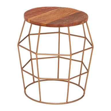 Natural Recycled Wood Top Rounded Side Table With Brass Iron Wireframe Base, Nandri
