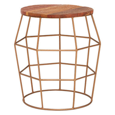 Natural Recycled Wood Top Rounded Side Table With Brass Iron Wireframe Base, Nandri