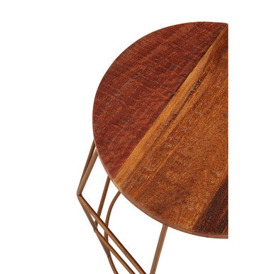 Natural Recycled Wood Top Rounded Side Table With Brass Iron Wireframe Base, Nandri