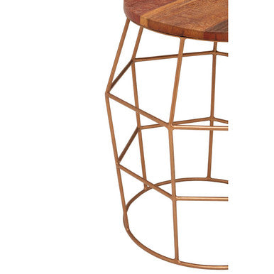 Natural Recycled Wood Top Rounded Side Table With Brass Iron Wireframe Base, Nandri
