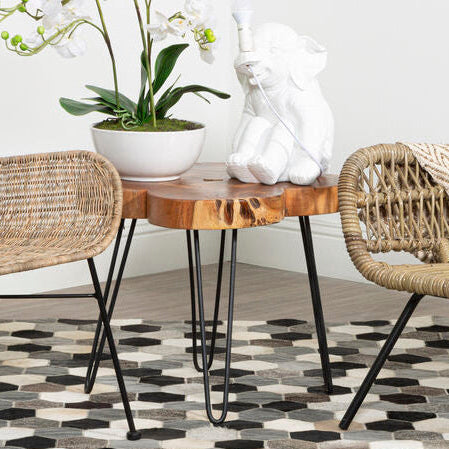 Natural Acacia Wood Slice Top Side Table With Black Metal Hairpin Legs, Nandri