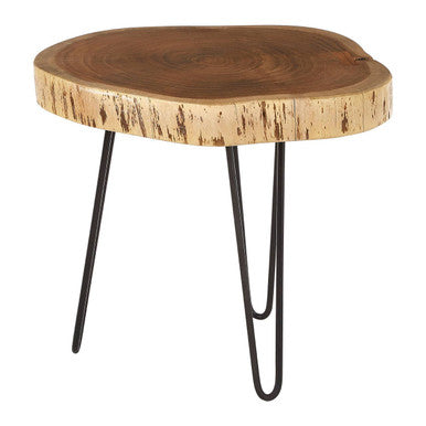 Brown Acacia Wood Cross Section Top Tripod Base Side Table, Nandri