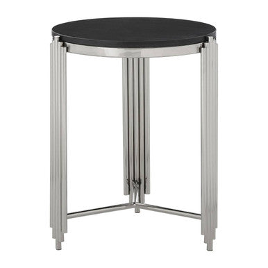 Black Granite Round Side Table With Silver Fluted Legs, Clarice