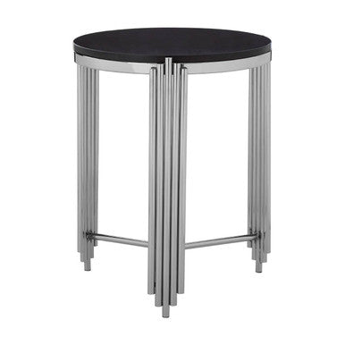 Black Granite Round Side Table With Silver Fluted Legs, Clarice