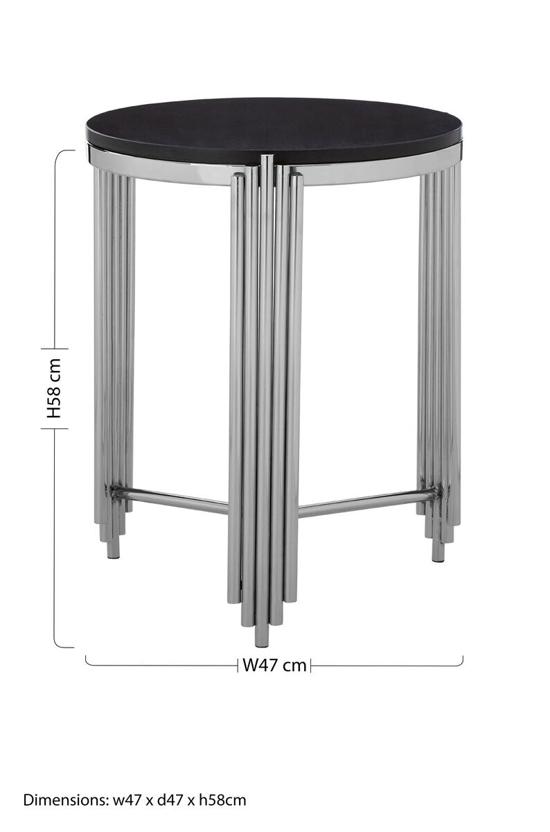 Black Granite Round Side Table With Silver Fluted Legs, Clarice