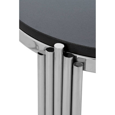 Black Granite Round Side Table With Silver Fluted Legs, Clarice