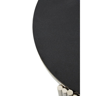 Black Granite Round Side Table With Silver Fluted Legs, Clarice