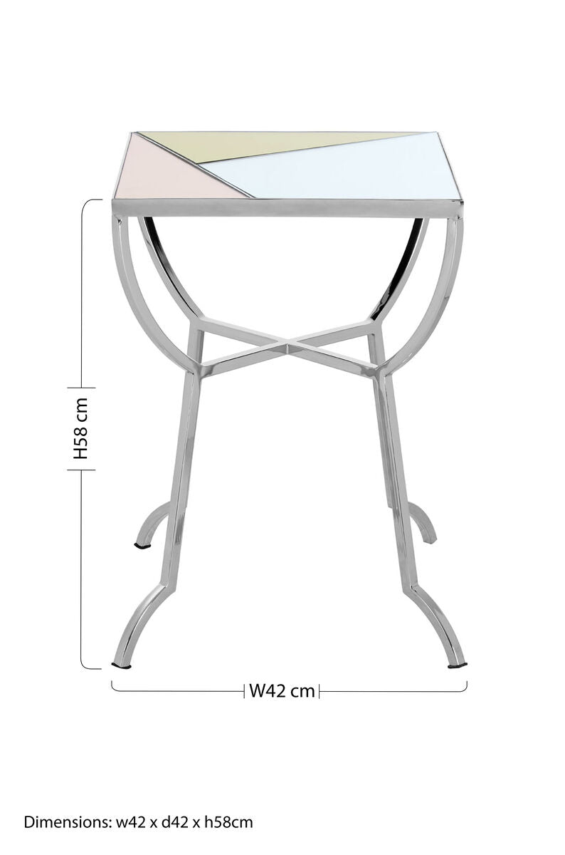 Pastel Mirror Top Square Side Table With Silver Stainless Steel Frame, Arbus