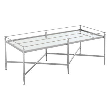 Mirrored Glass Top Coffee Table With Silver Metal Cross Frame, Zach