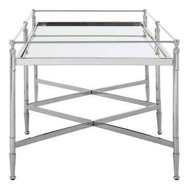 Mirrored Glass Top Coffee Table With Silver Metal Cross Frame, Zach