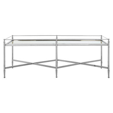 Mirrored Glass Top Coffee Table With Silver Metal Cross Frame, Zach