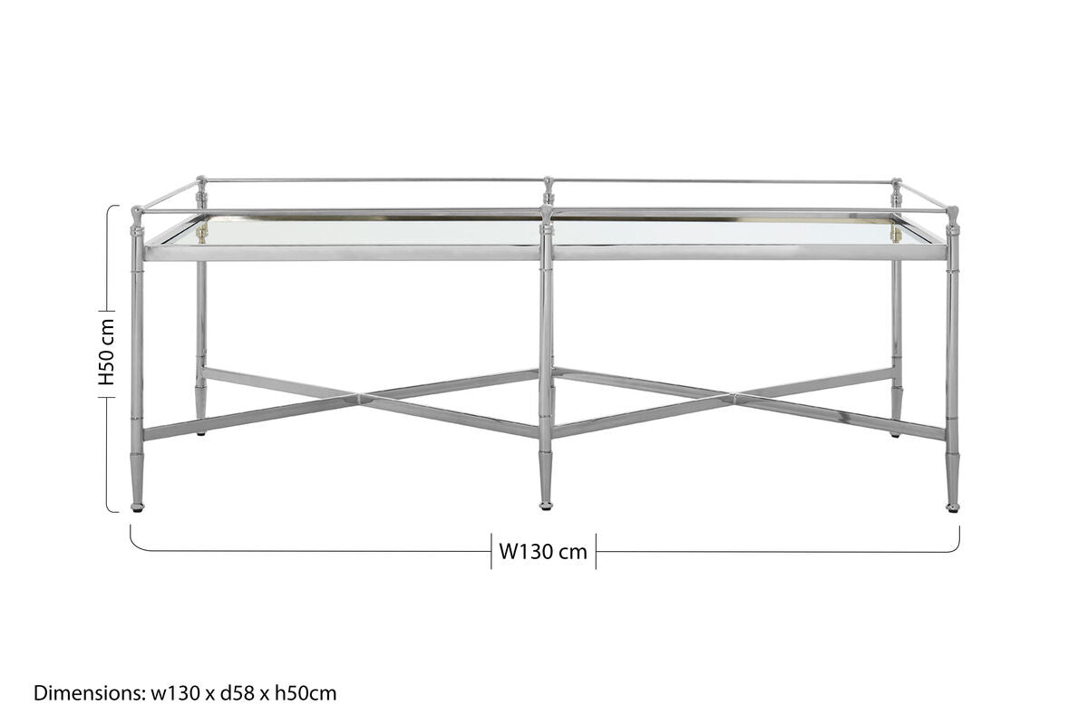 Mirrored Glass Top Coffee Table With Silver Metal Cross Frame, Zach