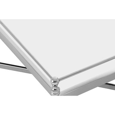 Mirrored Glass Top Coffee Table With Silver Metal Cross Frame, Zach