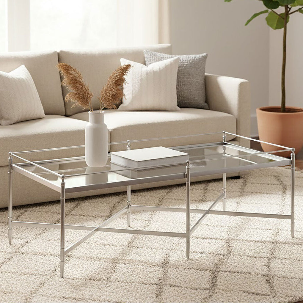 Mirrored Glass Top Coffee Table With Silver Metal Cross Frame, Zach