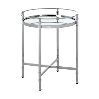 Round Mirrored Glass Top Side Table With Silver Metal Frame, Zach