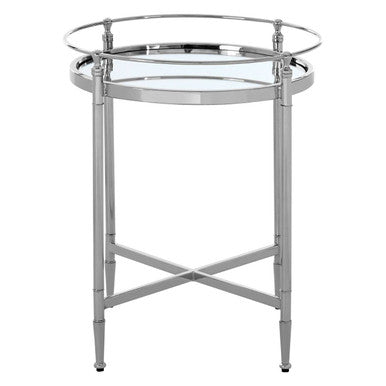 Round Mirrored Glass Top Side Table With Silver Metal Frame, Zach