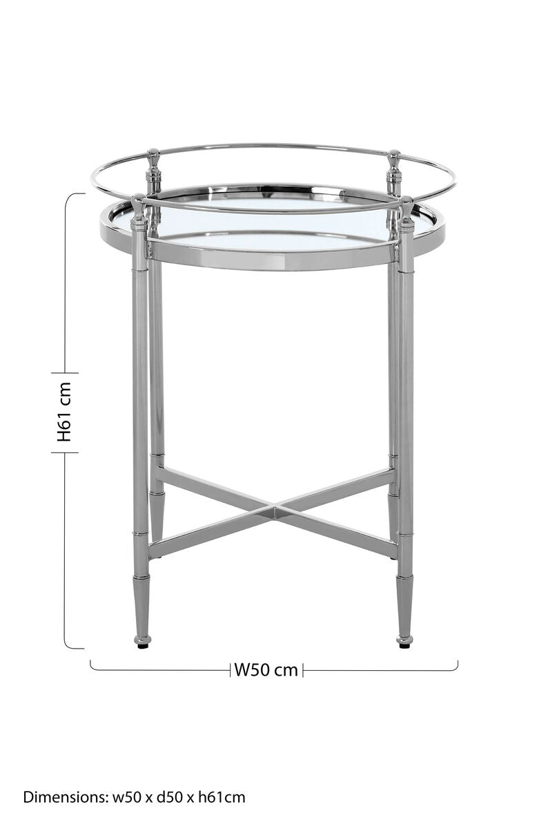 Round Mirrored Glass Top Side Table With Silver Metal Frame, Zach