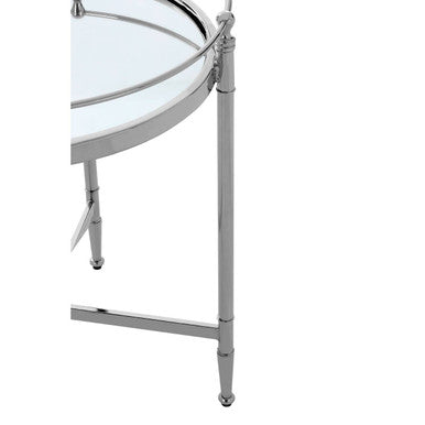 Round Mirrored Glass Top Side Table With Silver Metal Frame, Zach