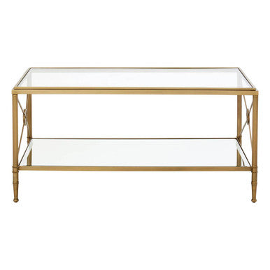 Gold Tarnished Brass Frame Coffee Table With Two-Tier Glass Shelves, Axis