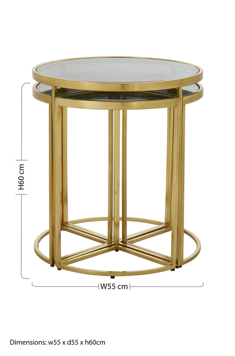 Black Tinted Glass Top 5 Piece Nesting Tables With Gold Frames, Axis