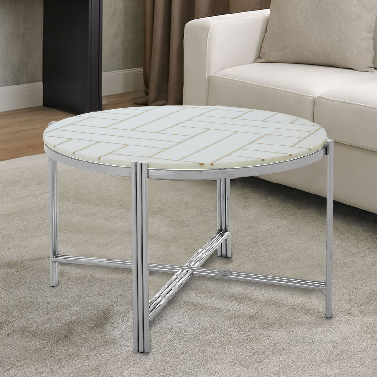 White Marble Top Coffee Table With Gold Detail & Silver Frame, Eva