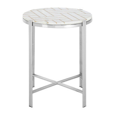 White Marble Top Side Table With Gold Detail & Silver Frame, Eva
