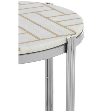 White Marble Top Side Table With Gold Detail & Silver Frame, Eva