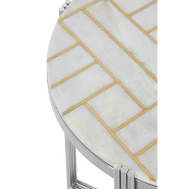 White Marble Top Side Table With Gold Detail & Silver Frame, Eva
