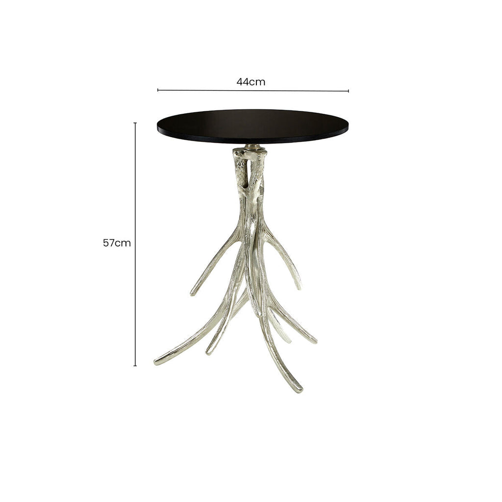 Black Marble Top Round Side Table With Nickel Antler Base, Antler