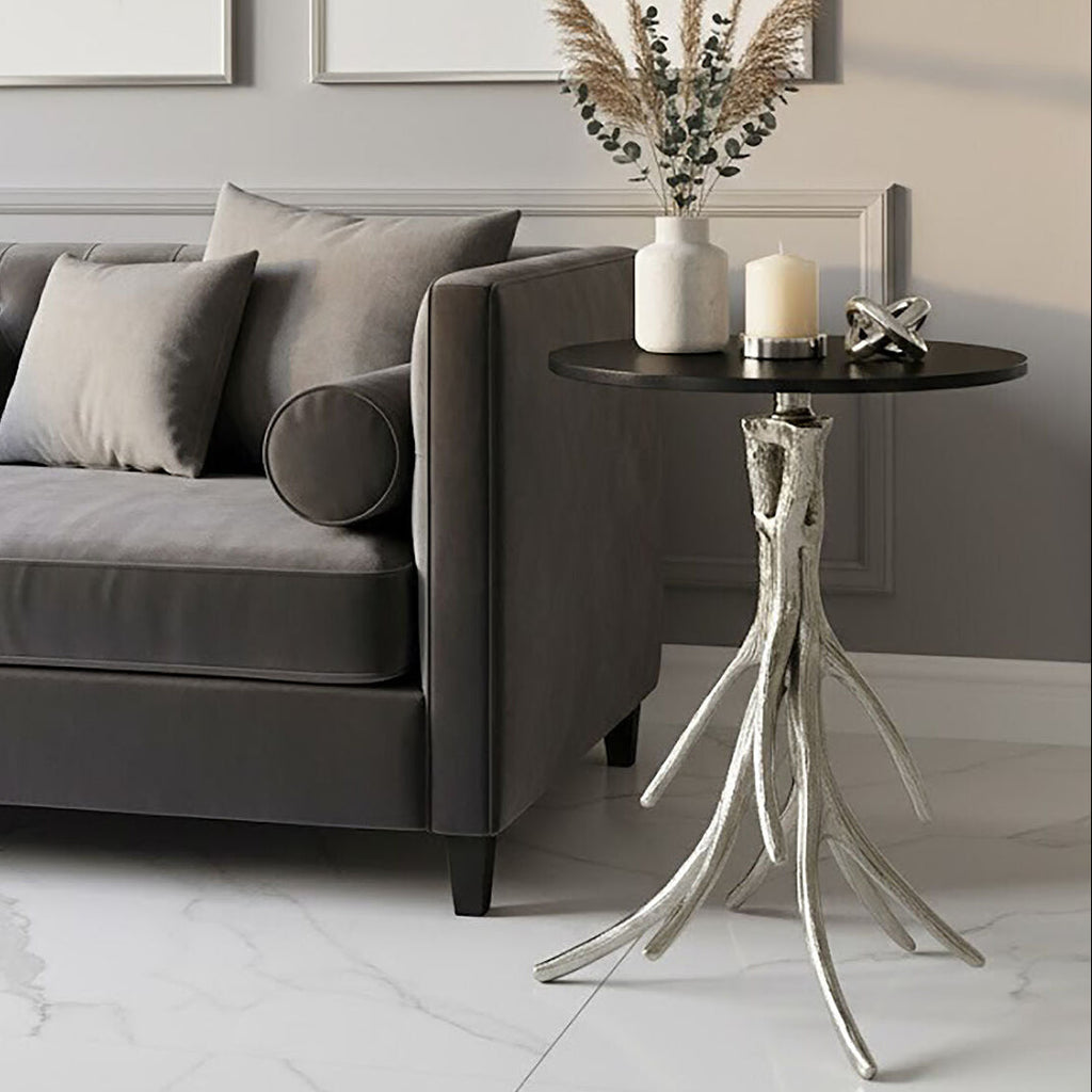 Black Marble Top Round Side Table With Nickel Antler Base, Antler