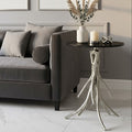 Black Marble Top Round Side Table With Nickel Antler Base, Antler