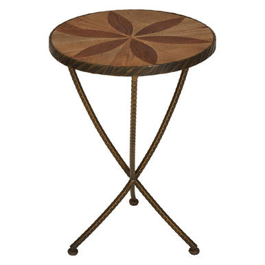 Brown Two Tone Elm Wood Small Side Table With Antique Brass Iron Legs, Elmo