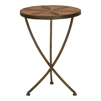 Brown Two Tone Elm Wood Small Side Table With Antique Brass Iron Legs, Elmo