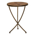 Brown Two Tone Elm Wood Small Side Table With Antique Brass Iron Legs, Elmo