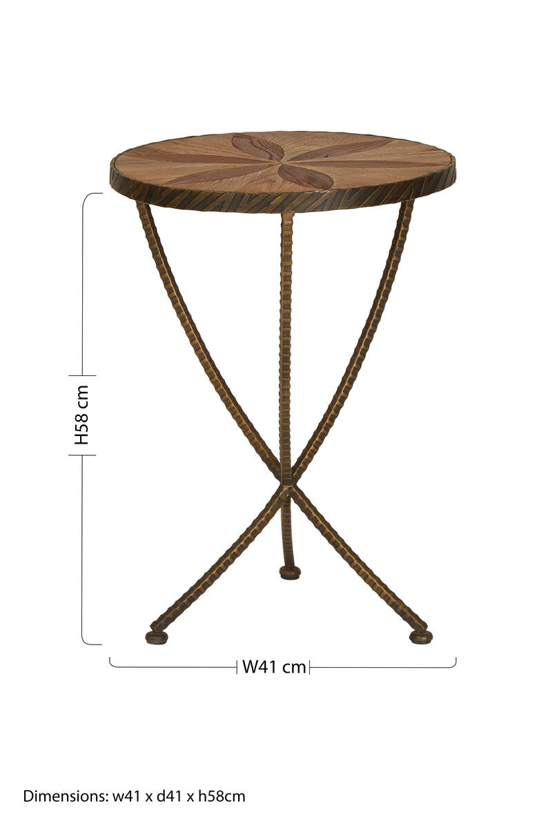 Brown Two Tone Elm Wood Small Side Table With Antique Brass Iron Legs, Elmo