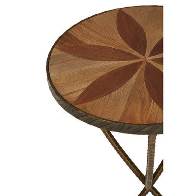 Brown Two Tone Elm Wood Small Side Table With Antique Brass Iron Legs, Elmo